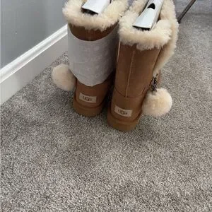 UGG Chestnut Boots with Fluffy Pom-Poms